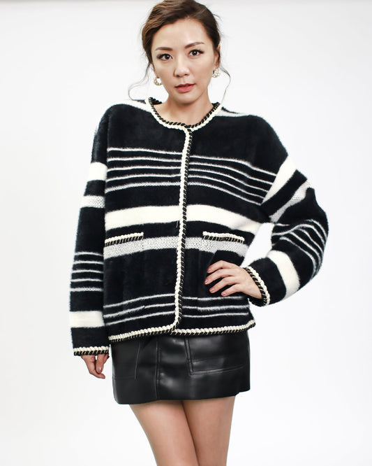 black & ivory stripes fluffy knitted jacket *pre-order*